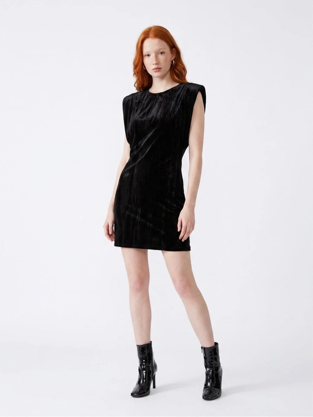 Structured Shoulder Black Velvet Mini Dress - Picture 1 of 8